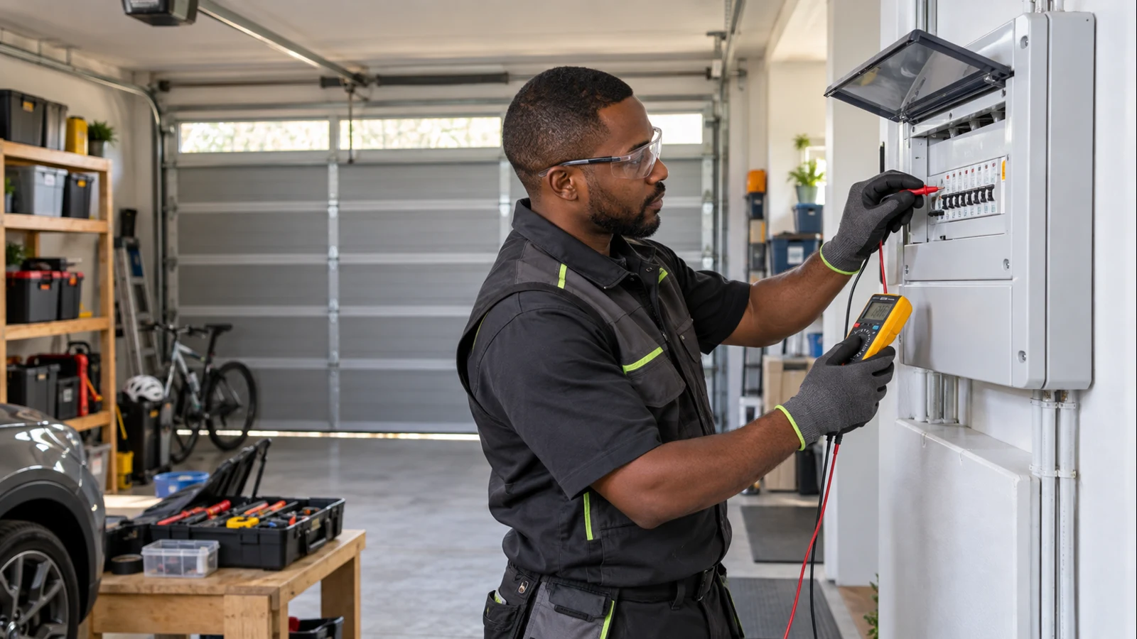 Electrician testing a household distribution-board circuit for The Reeds electrical planning
