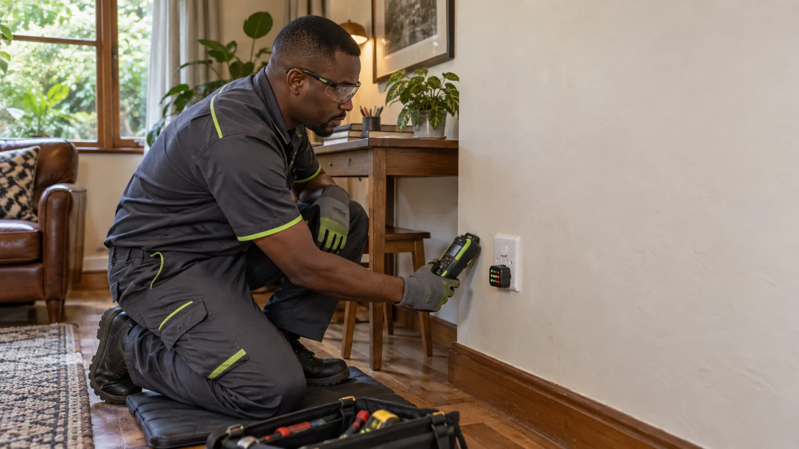 Electrician performing active electrical testing for Witpoortjie property planning