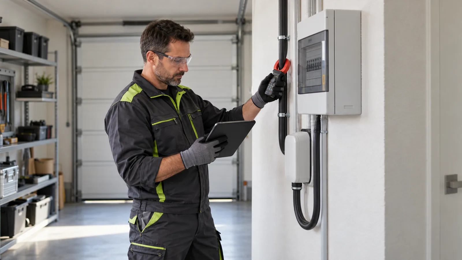 Electrician measuring spare capacity at a residential garage distribution board in Zwartkop
