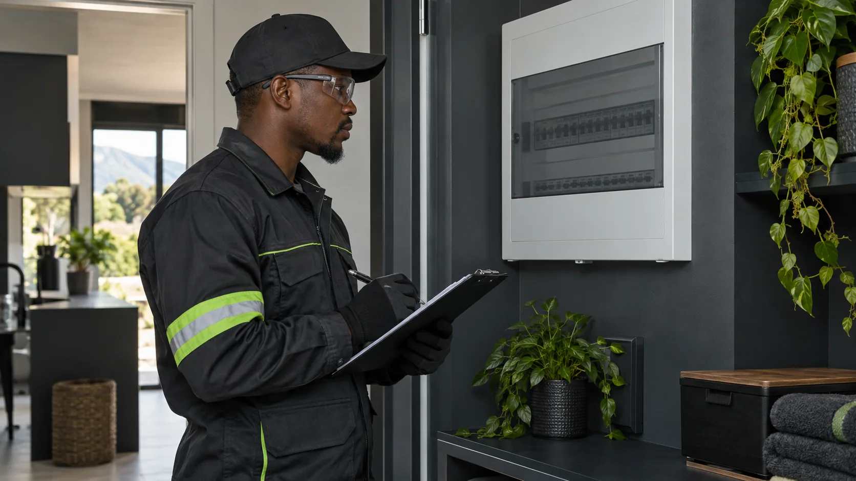 Electrician recording findings beside a closed distribution board