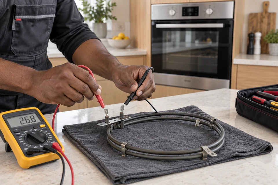 Detached oven heating element being checked with a resistance tester