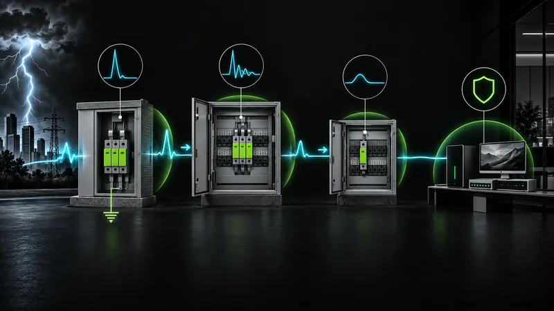 Illustrative concept showing coordinated Type 1, Type 2 and Type 3 surge protection roles
