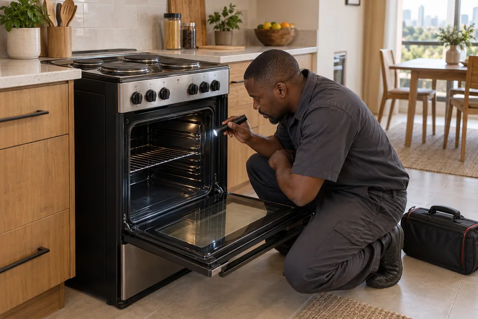 Illustration of a technician inspecting a cooled electric stove and oven in a home kitchen