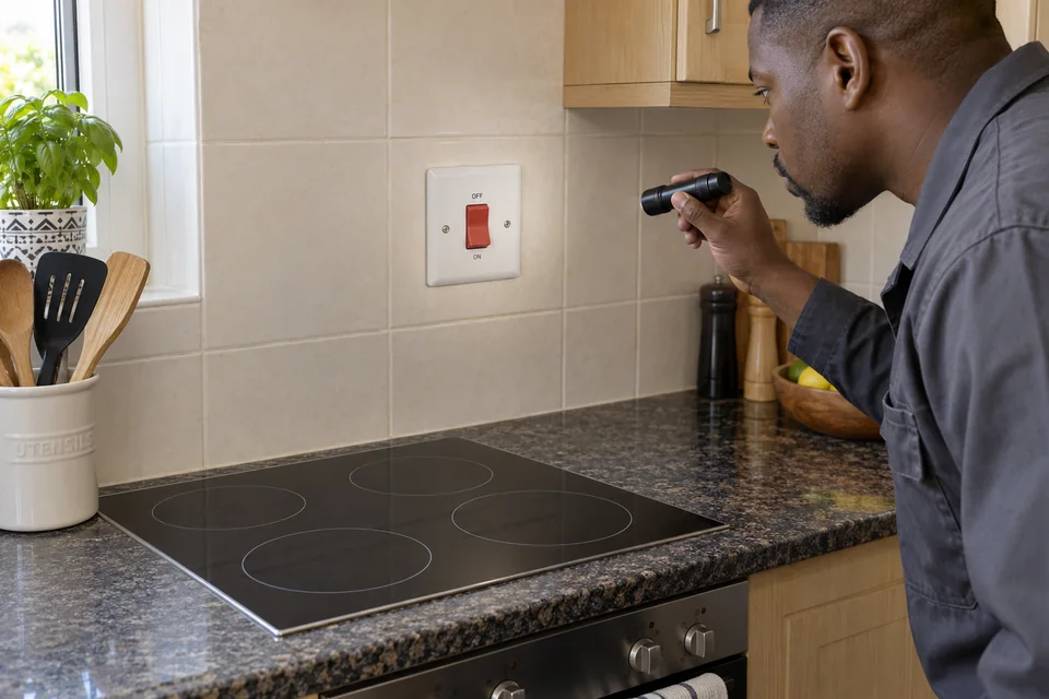 Closed wall-mounted stove switch being inspected above an electric hob