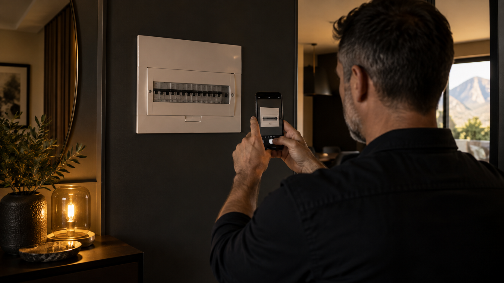 Customer taking a safe photo of a closed distribution board for an electrical quote