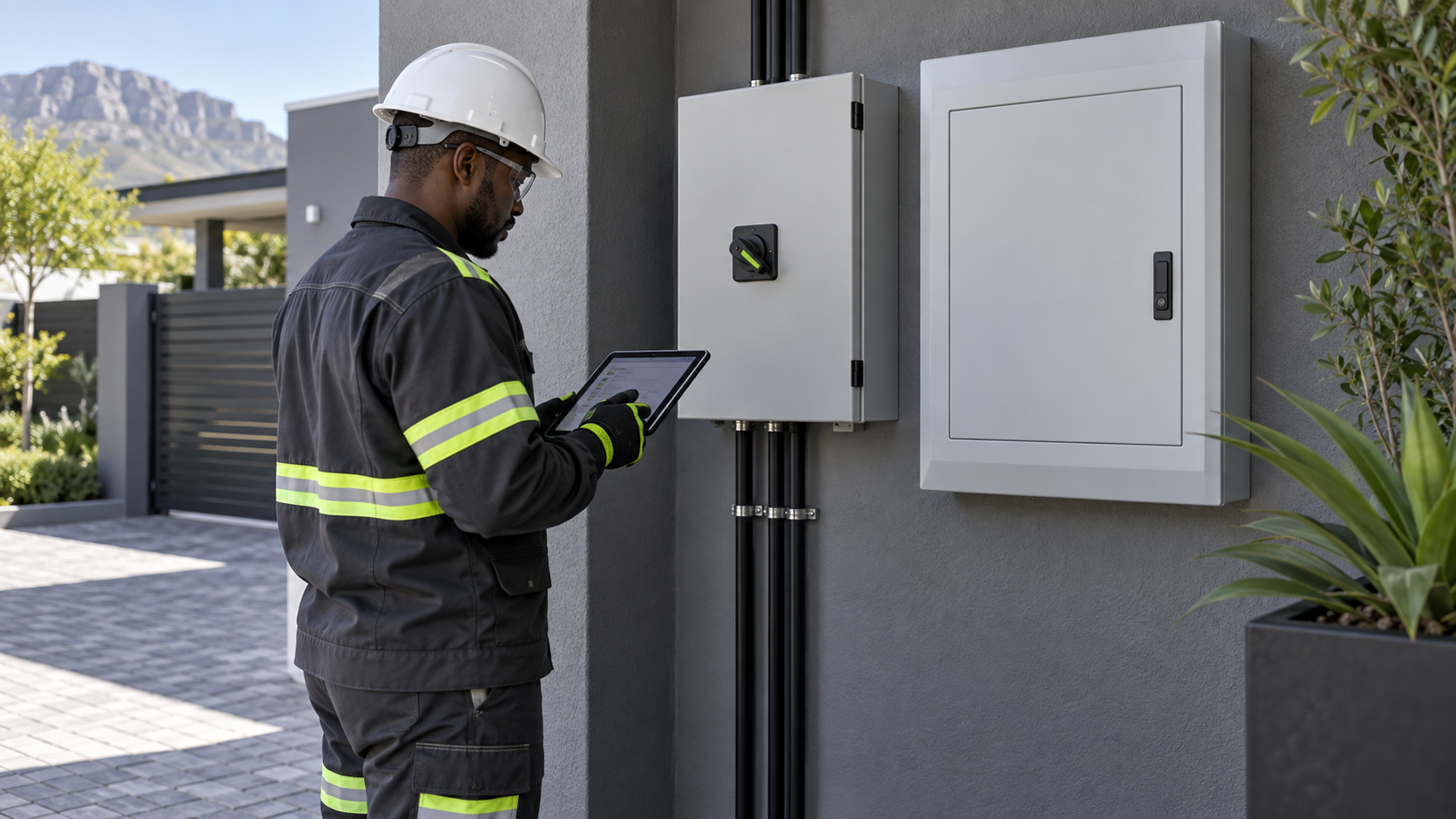Authorised electrician assessing closed generator changeover and distribution boards