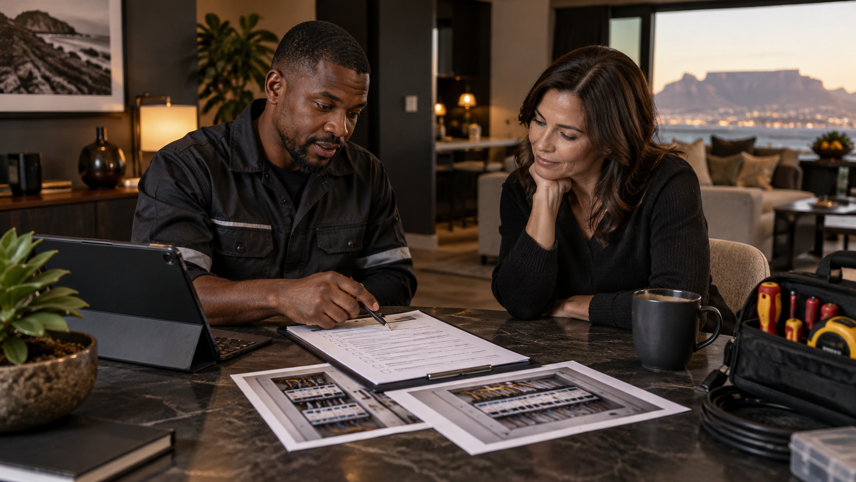 Electrician and property owner reviewing an electrical work scope and closed-equipment photos