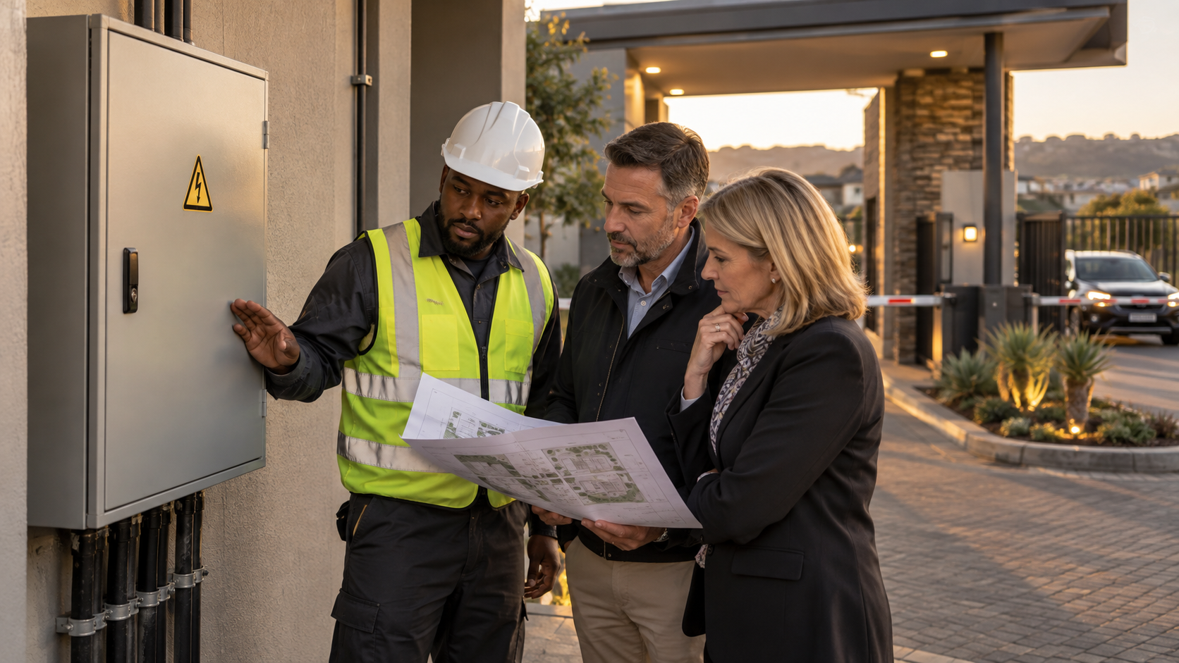 Electrician, estate manager and trustee planning access beside closed common electrical equipment