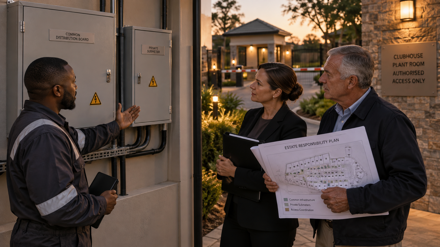Electrician, estate manager and trustee reviewing closed common and private submeter equipment
