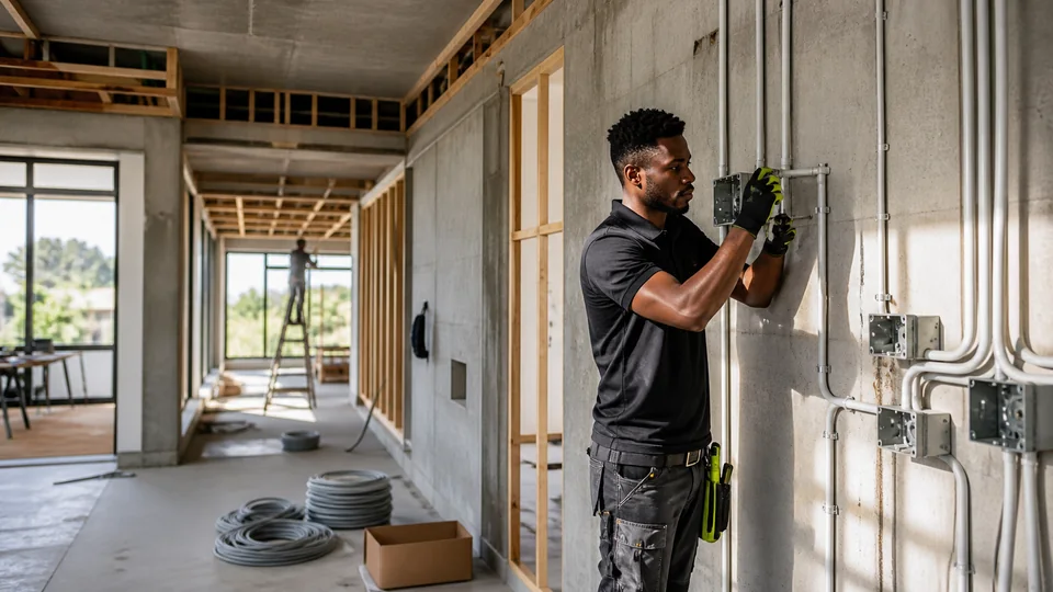 Wesslink electrician installing conduit and cable routes in a new building