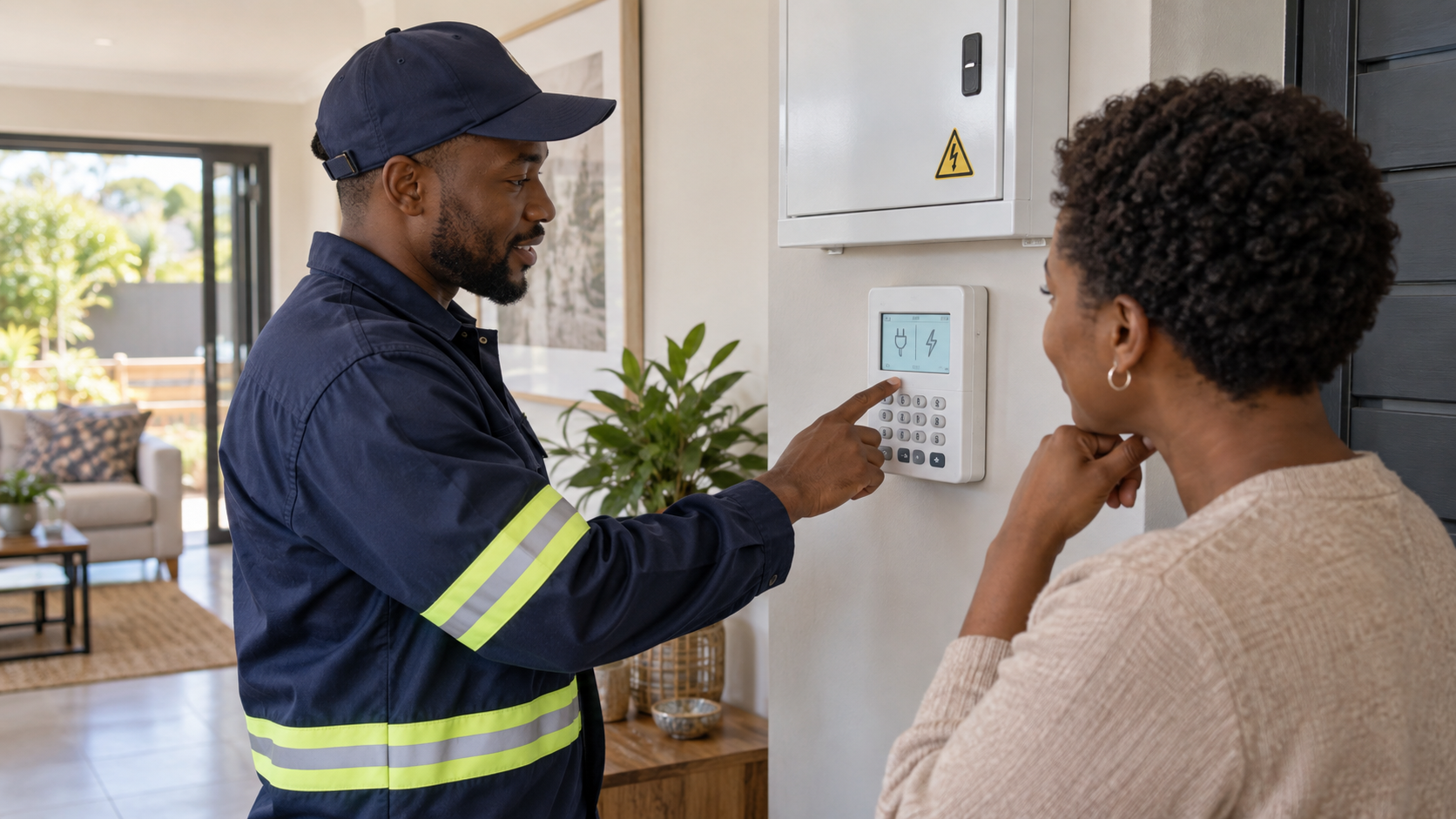 Electrician demonstrating a generic prepaid customer interface without personal account data