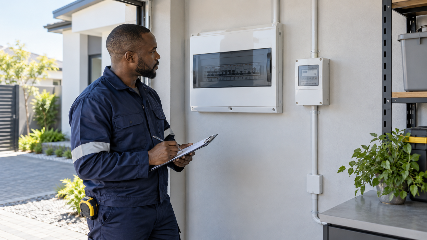 Electrician assessing a closed distribution board and a proposed private prepaid meter position