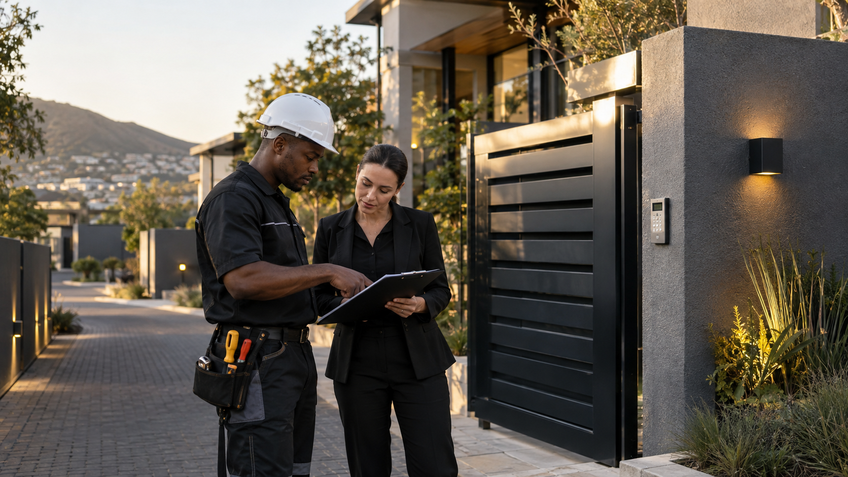 Electrician and property manager planning safe access at a gated property