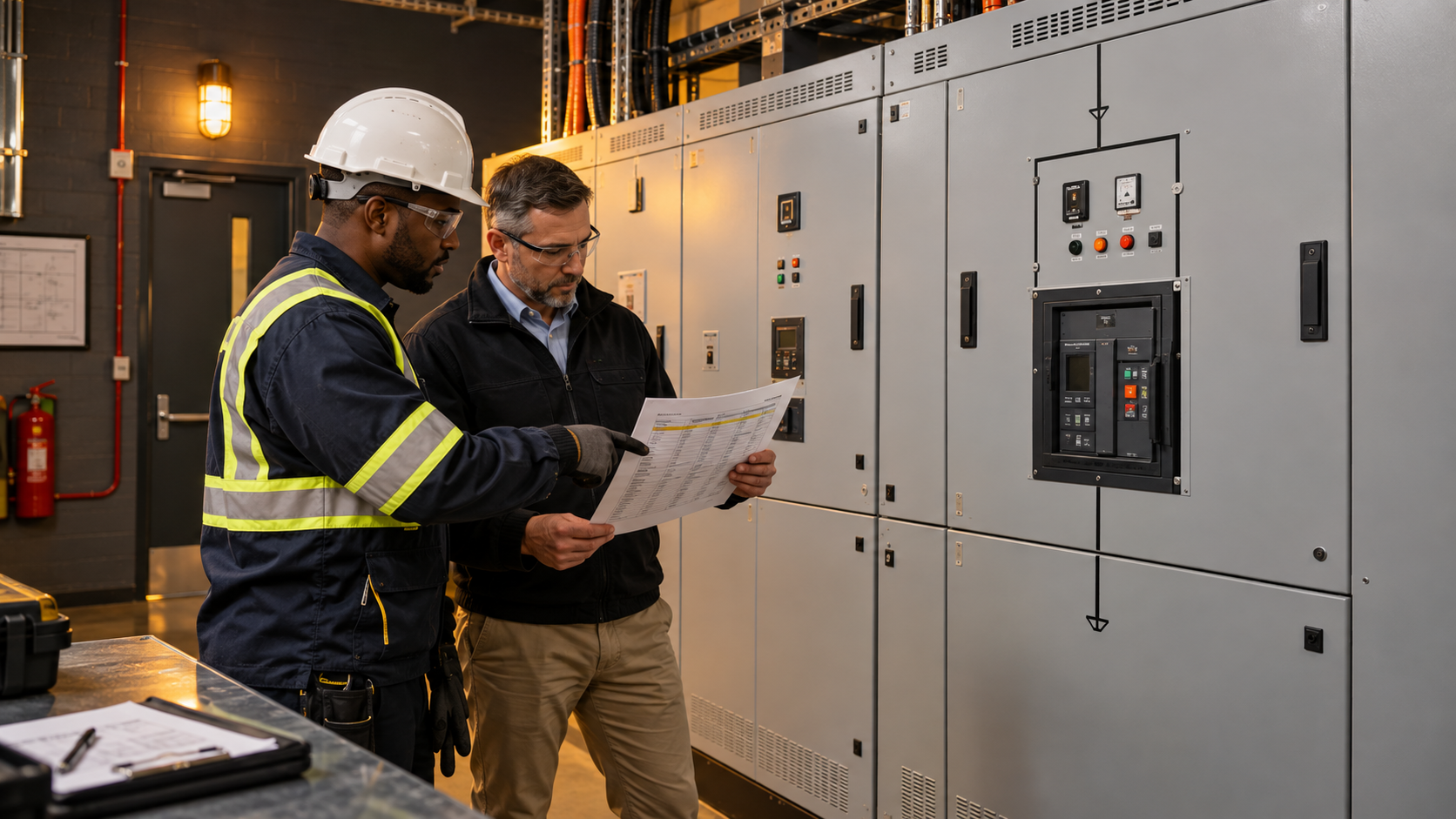 Electrician and facilities manager reviewing an essential-load schedule beside closed shopping-centre distribution equipment