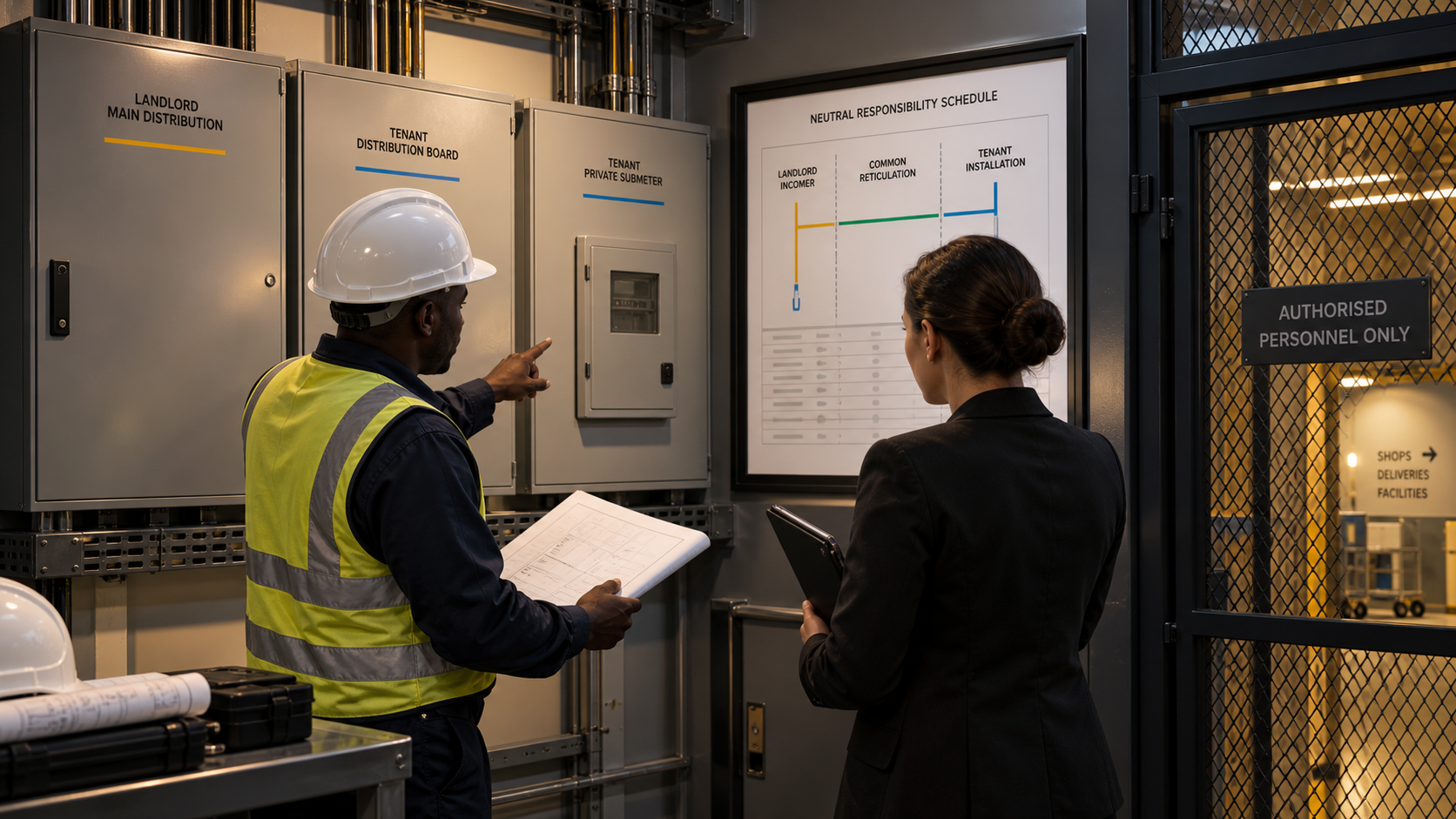 Electrician and facilities manager reviewing a closed tenant board and private submeter responsibility plan