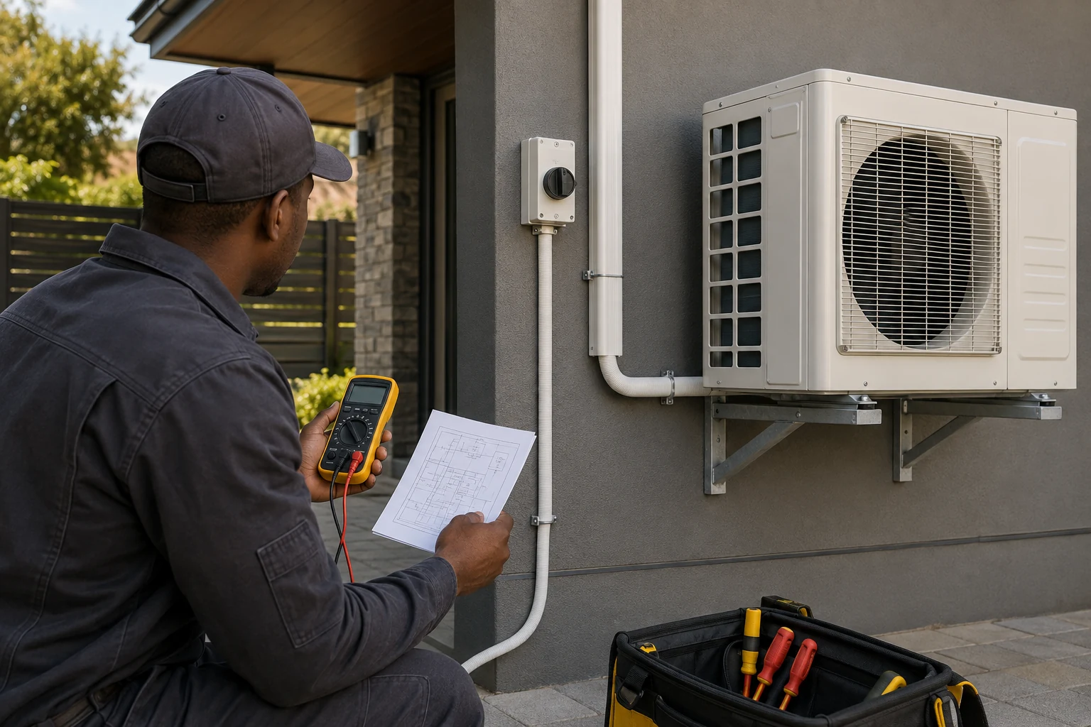 Electrician assessing a residential aircon isolator and electrical supply at a Gauteng property