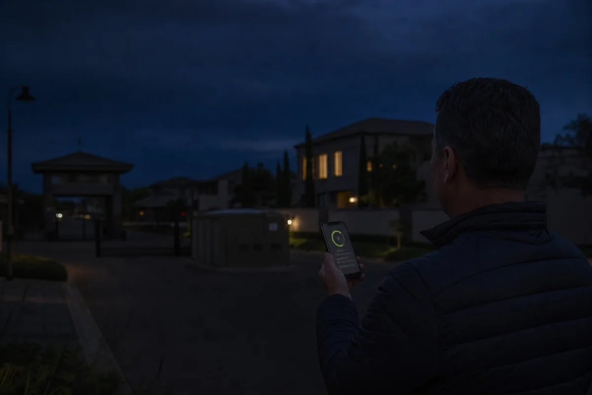 Centurion resident checking an official outage reference outside a darkened estate