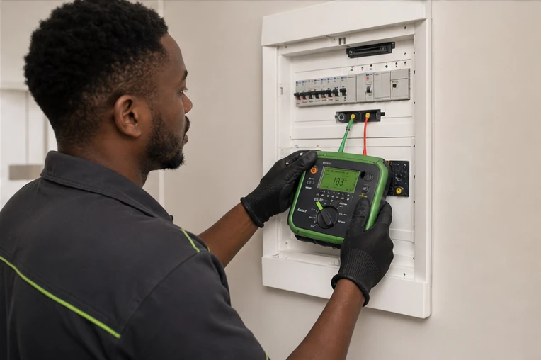 Electrician testing an earth-leakage device before replacement in Gauteng