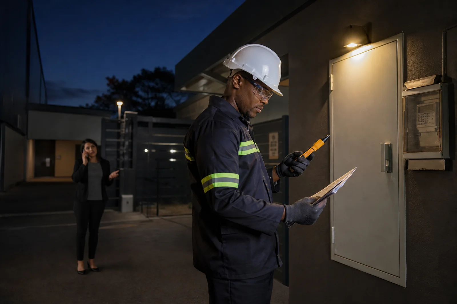 Electrician assessing an urgent electrical fault from a safe position