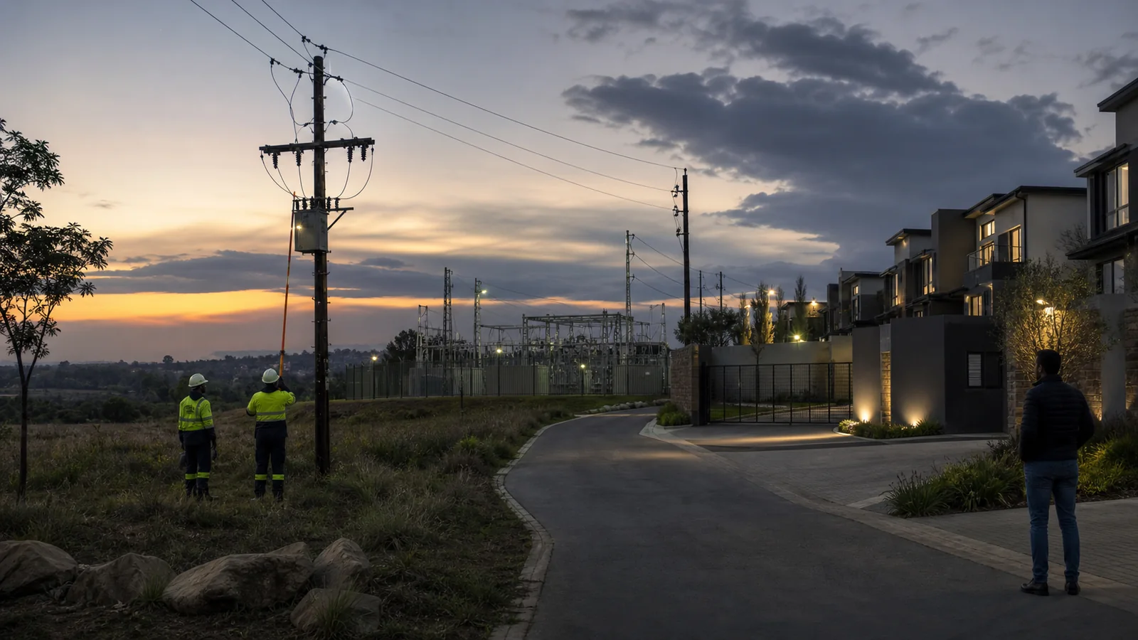 Editorial illustration of technicians inspecting an overhead supply near a Kyalami estate and secured substation