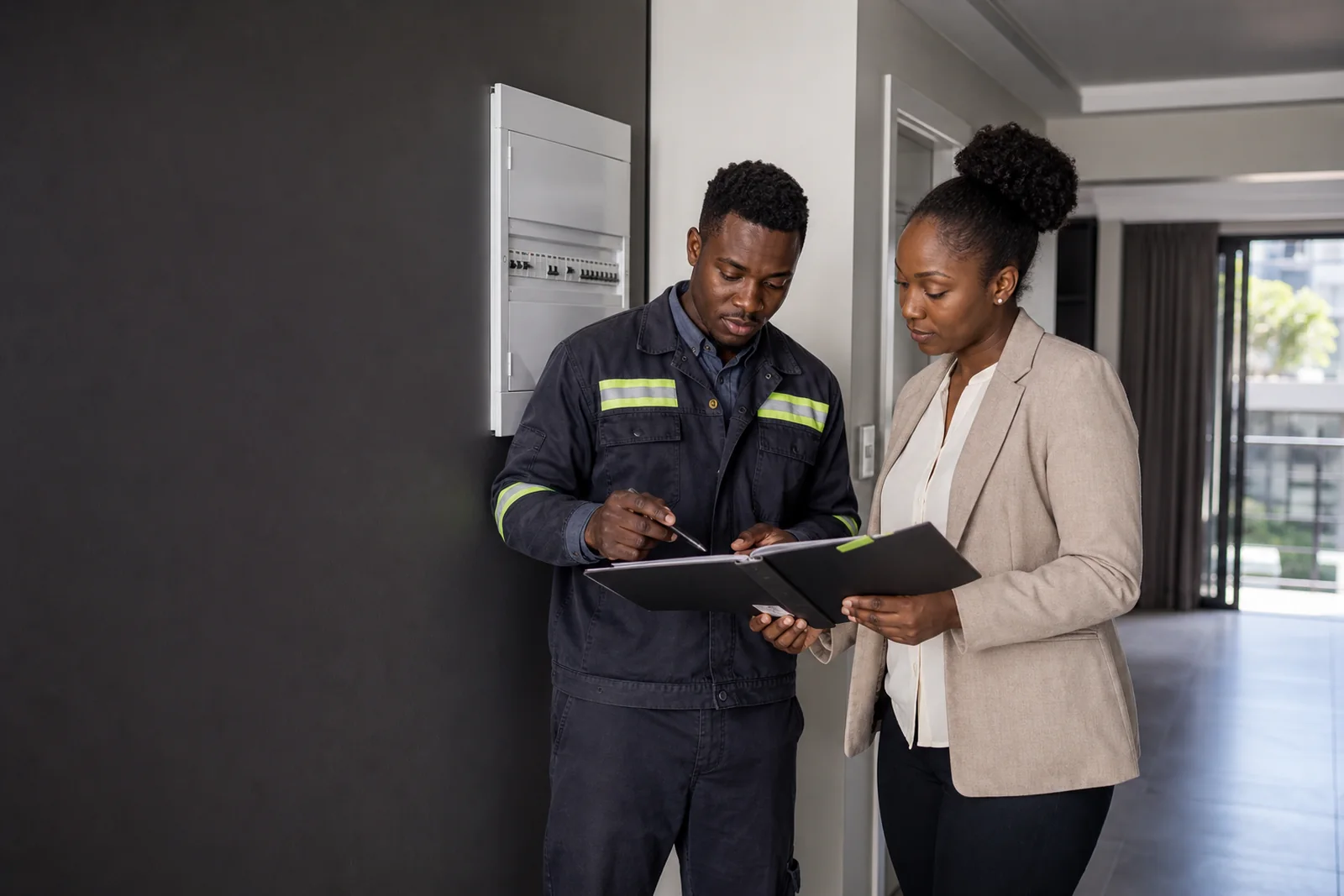 Electrician and property manager reviewing an electrical safety file during a tenant handover in a Gauteng apartment