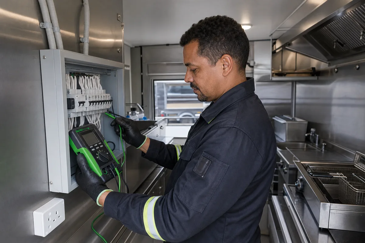 Electrician performing electrical tests at the distribution board inside a mobile food trailer