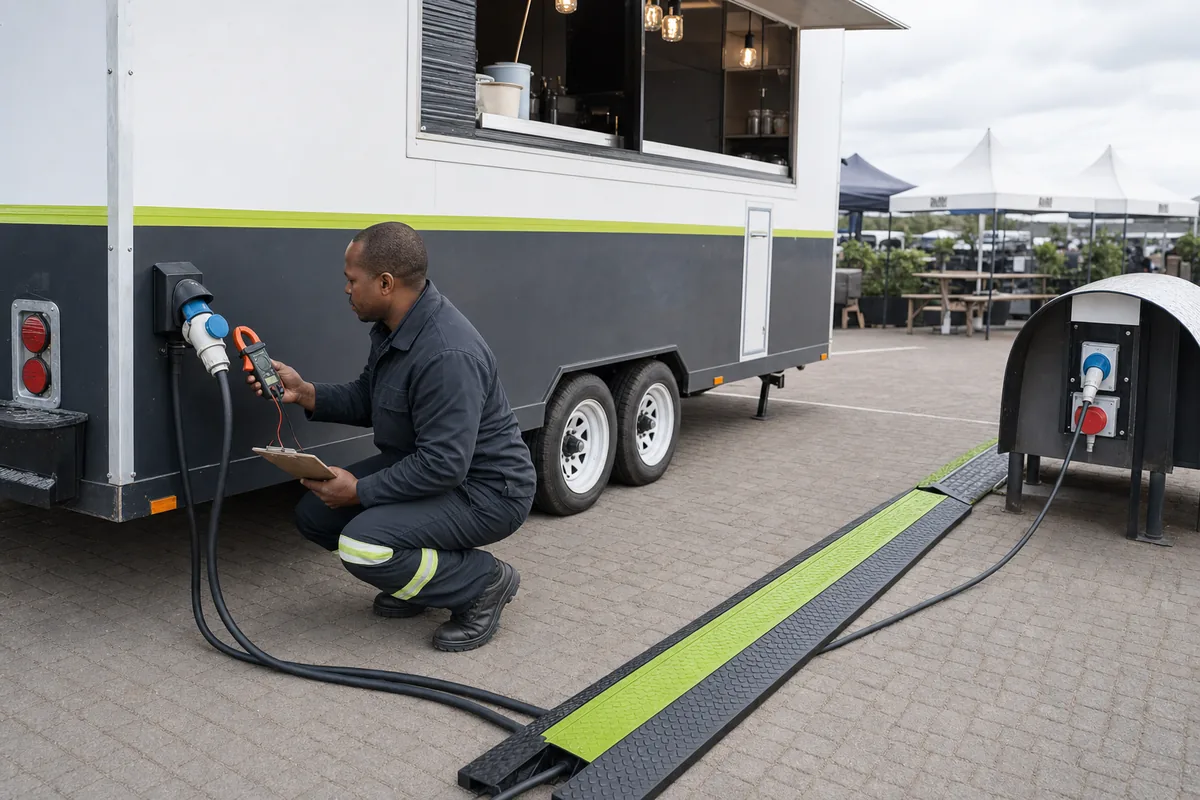 Electrician checking the industrial power connection between a mobile food trailer and an event venue supply
