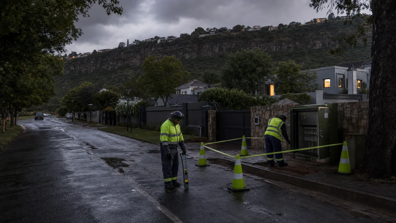 Editorial illustration of cable-location work beside a pillar box below the Northcliff ridge after rain