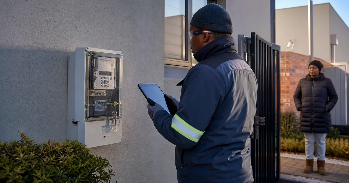 Sealed prepaid electricity meter in a Roodepoort property with an authorised technician documenting the installation safely