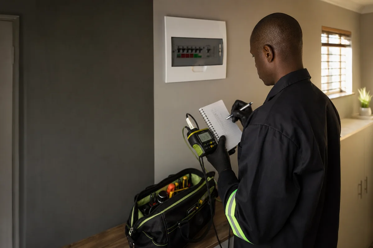 Electrician testing an earth leakage circuit in a Randburg distribution board with the cover controlled