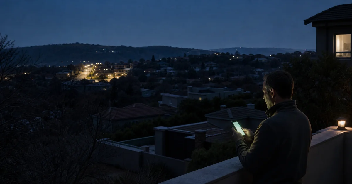 Roodepoort residential neighbourhood during a local power outage with a resident safely checking official updates on a phone