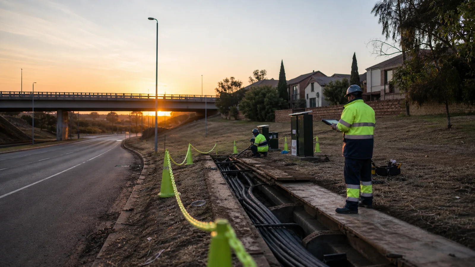 Editorial illustration of a safely cordoned cable route near a Centurion road bridge after infrastructure damage