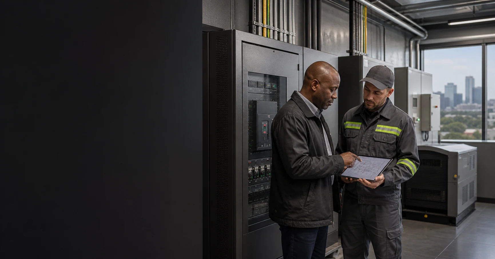 Facilities manager and electrician reviewing a Sandton office power-continuity plan beside enclosed distribution and backup-power equipment