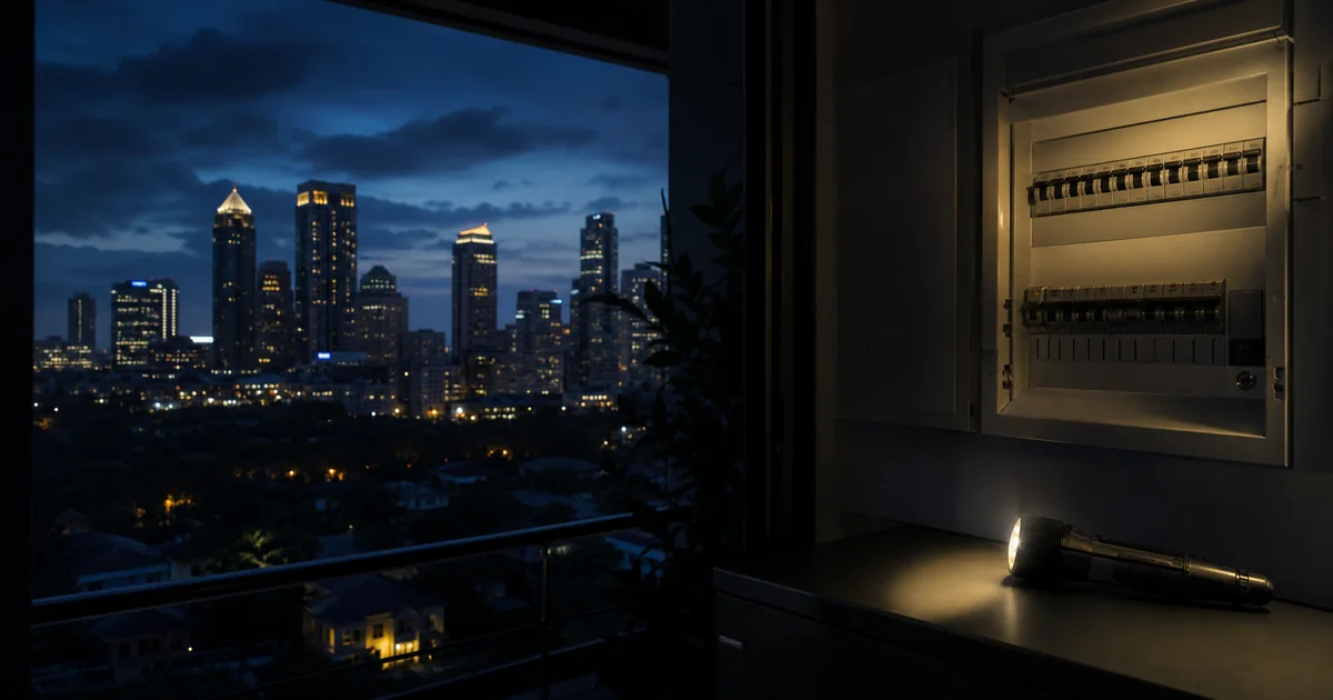 Sandton skyline during a local power outage with a safe distribution board inspection in the foreground