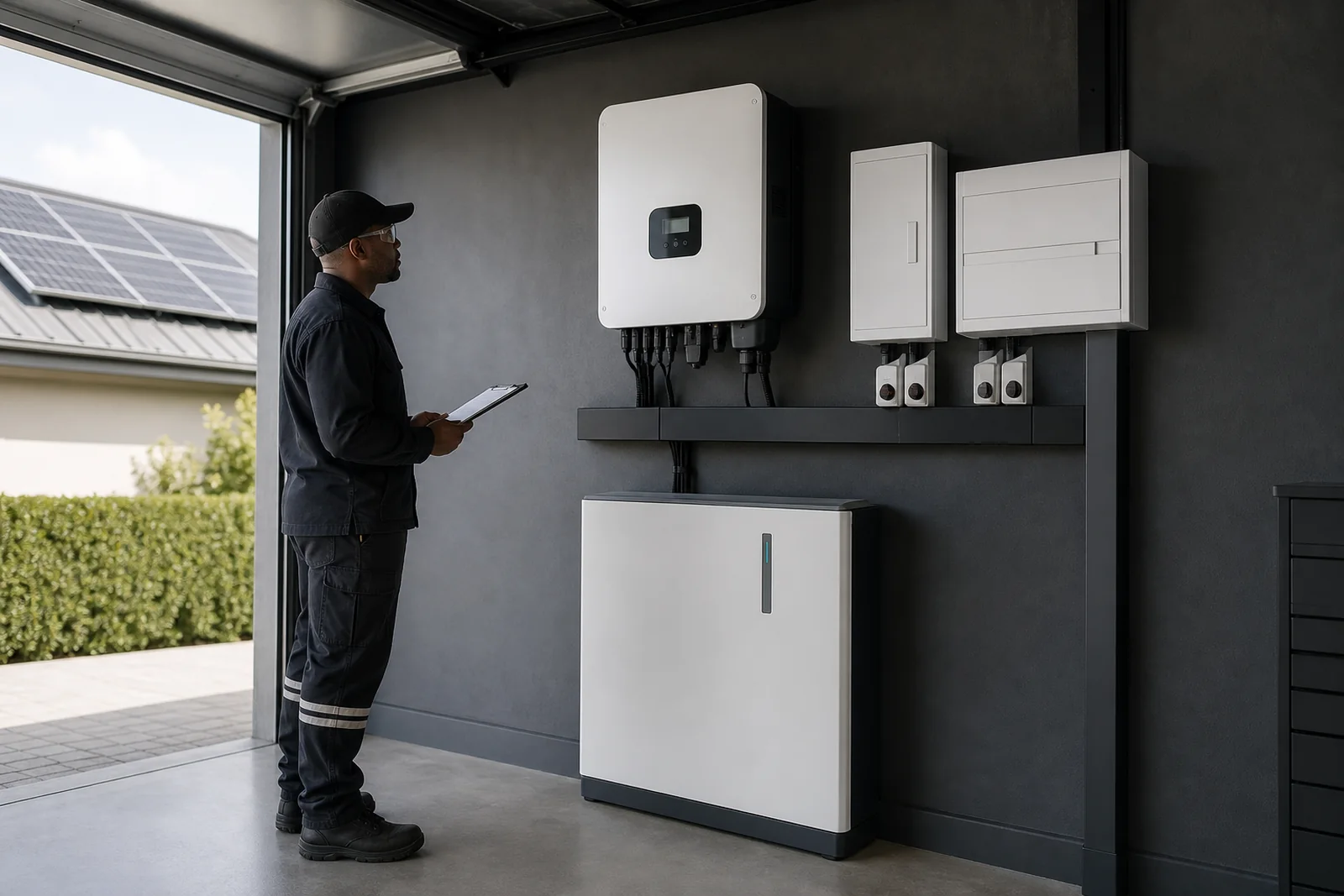 Electrician reviewing a fixed solar inverter and lithium battery installation in a Gauteng property utility room