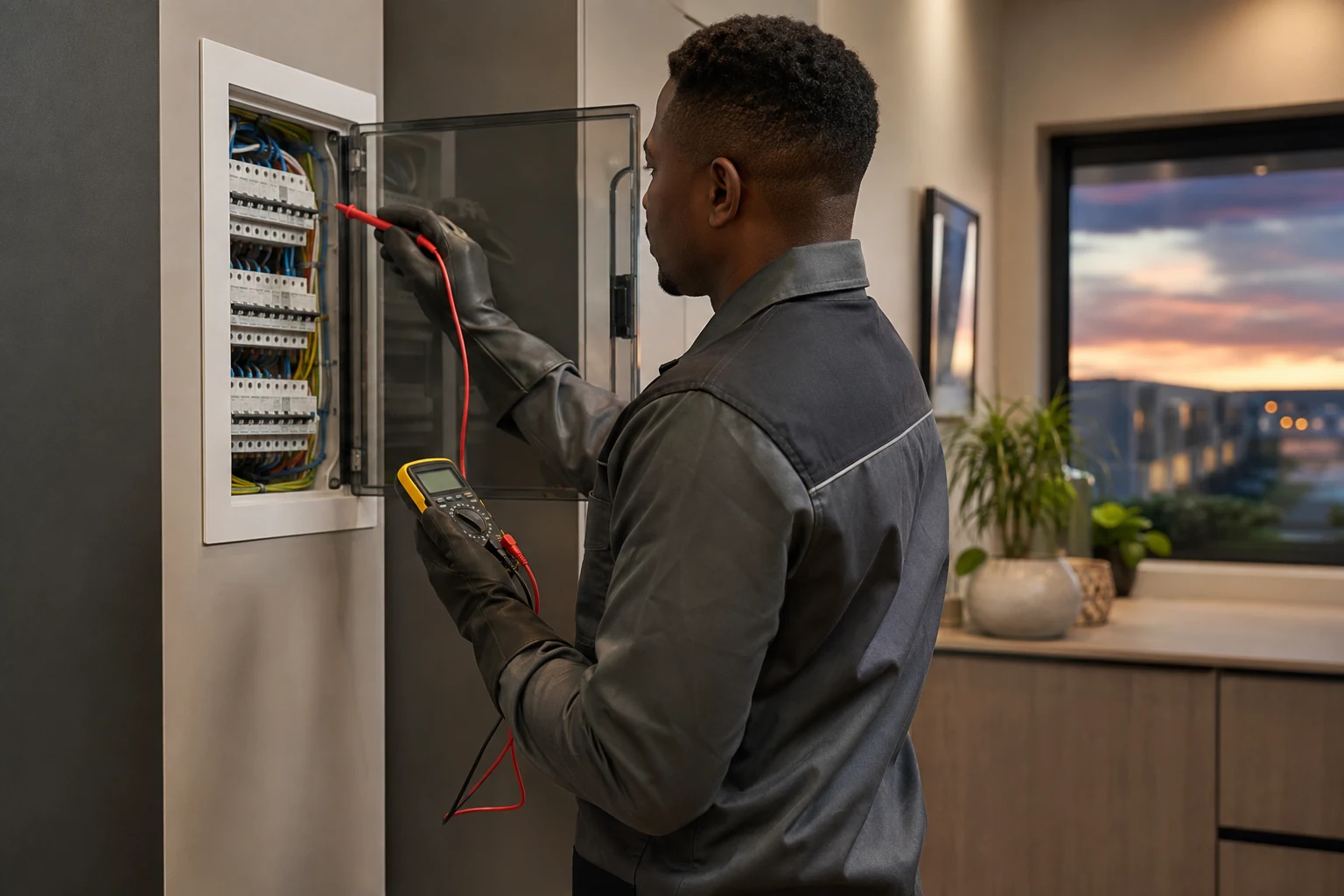 Electrician testing a residential distribution board after an earth-leakage trip in Gauteng