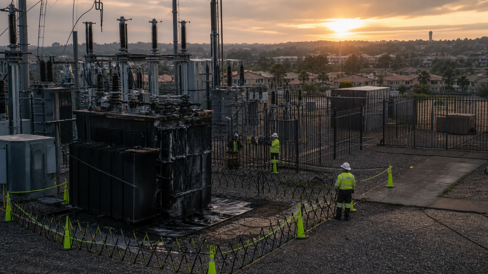 Editorial illustration of a fenced Centurion substation under controlled inspection after transformer damage